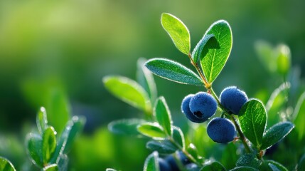 Close-up of fresh blueberries on a bush surrounded by vibrant green leaves in nature