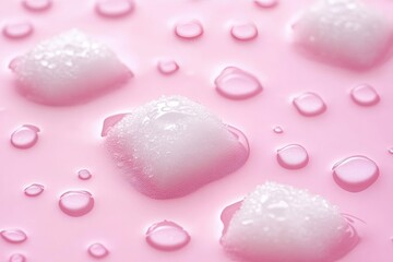 White ice cubes on a pink surface, with water droplets