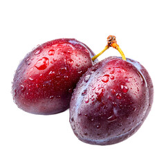 Two fresh plums with water droplets glisten against a pure white background, highlighting their deep red and purple hues and the delicate stem connecting them.