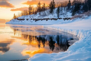 Fototapeta premium Serene winter landscape with snowy bank and landform reflected in calm water during sunrise or sunset, featuring snow-covered trees, textured earth, soft diffused lighting, tranquil