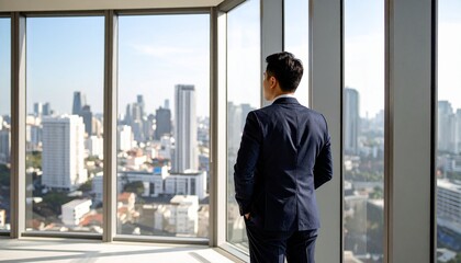 A man leaning against a window in his office looking out the window