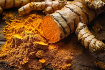 Fototapeta premium Vibrant close-up of fresh turmeric rhizomes with rough textured brown skin and bright orange interiors, alongside finely ground turmeric powder on a dark wooden surface with warm
