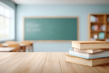 Classroom with Empty Desk and Stack of Books on Table
