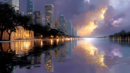 Fototapeta premium Serene Cityscape Reflection at Dusk with Dramatic Clouds and Lights above Water Surface