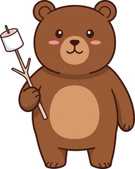 Obraz premium Cute brown bear holding stick with marshmallow vector illustration in simple cartoon style 