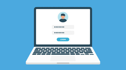 "Laptop with Login Form Page – Flat Vector Illustration of User Interface with Username and Password. Illustration of User Authentication Interface on Computer Display. Secure Sign-In Page