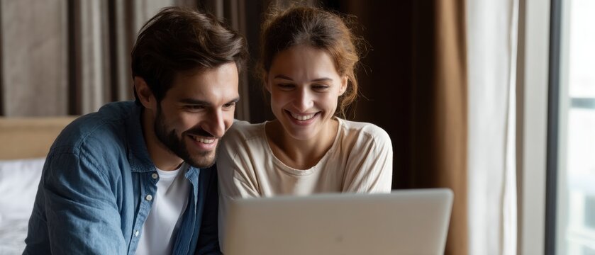 A happy couple sitting closely together, smiling as they look at a laptop screen in a cozy room. - Powered by Adobe