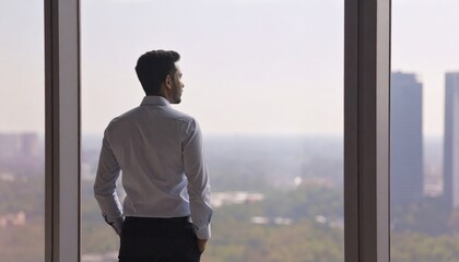 A man leaning against a window in his office looking out the window