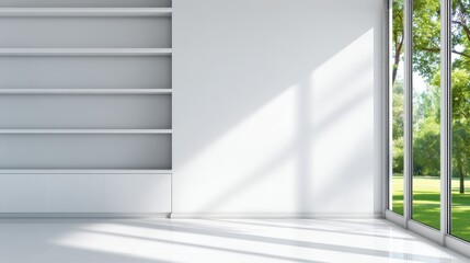 Fototapeta premium Bright, minimalist interior with empty shelves and large windows showcasing a lush green garden