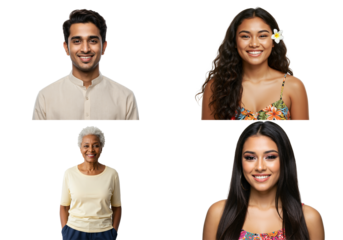 Diverse Group Portrait Featuring Four Individuals: Young Man, Young Woman, Middle-Aged Woman, and Teen Girl with Distinctive Features Against a transparent background