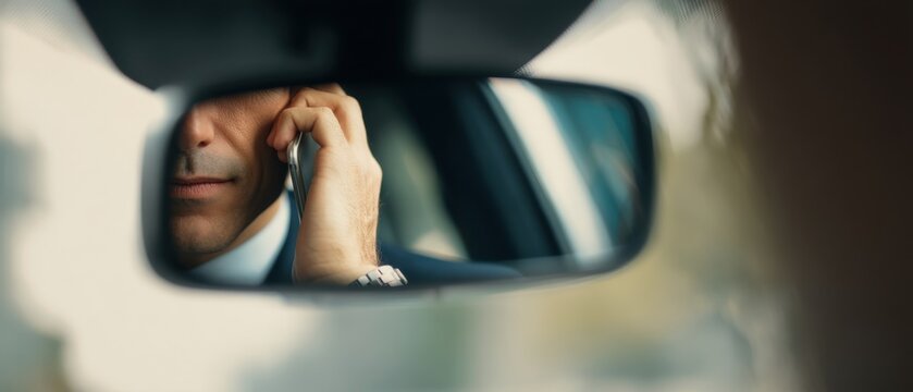 A man in a suit is looking in the rearview mirror. He has a phone near his ear.