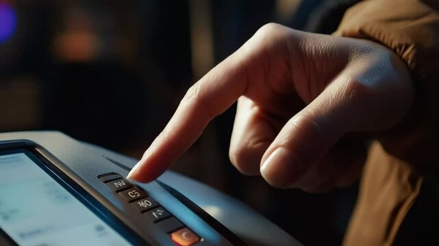 Close-up of a finger pressing a button on a digital interface panel outdoors at night