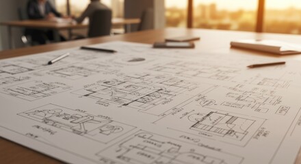 Architectural blueprints on table