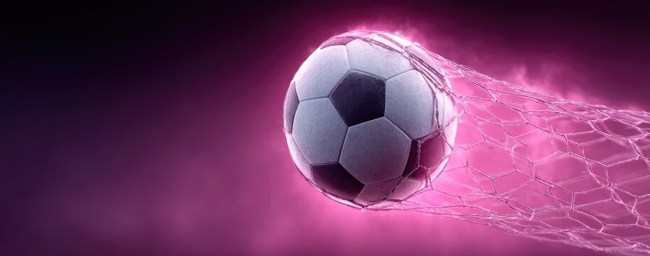 Soccer Ball Scoring Goal in Net with Pink Energy Stream on Dark Background Creates a Dynamic and Modern Sports Scene