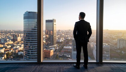 Fototapeta premium A man leaning against a window in his office looking out the window