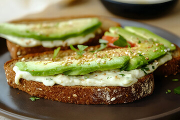 Vegan sandwich, rye bread toast, avocado slices, vegenaise sauce 