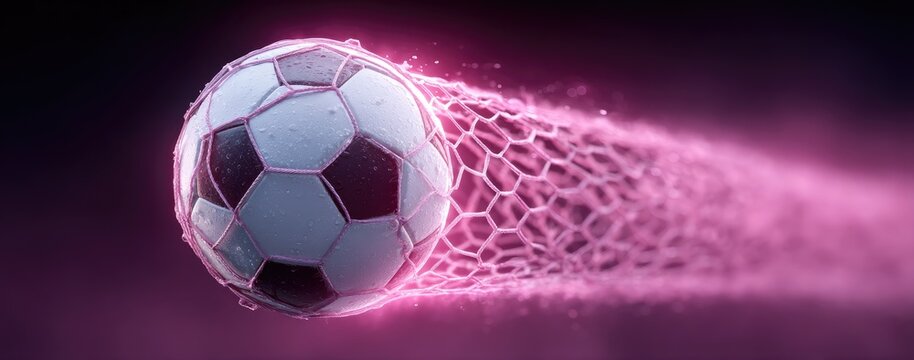 Soccer Ball Streaking with a Luminous Pink Web Trail on Dark Purple Background Covered in Dew-Like Droplets Dynamic Sports Action - Powered by Adobe
