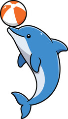 Playful dolphin balancing orange and white beach ball vector illustration in cartoon style 