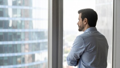 Fototapeta premium A man leaning against a window in his office looking out the window