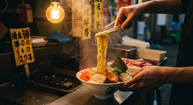 Delicious japanese ramen noodle soup photography, street food and asian cuisine photography concept image