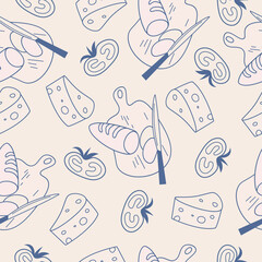 La dolce vita doodles seamless pattern with bread and cheese. Blue on light beige vector illustration of italian style hand drawn posters. Wall art prints decor for invitations, menus design.
