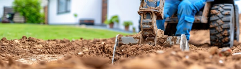 Excavator digging in soil at a construction site.