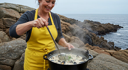Woman cooking seafood chowder recipe outdoors by the ocean for food blog cooking show tutorial video
