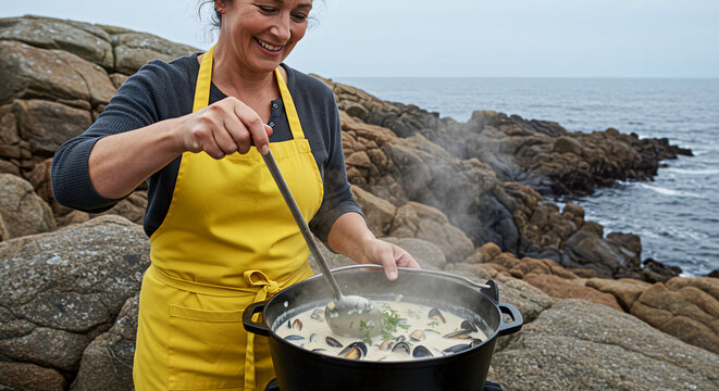 Woman cooking seafood chowder recipe outdoors by the ocean for food blog cooking show tutorial video