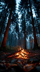 Fototapeta premium Warm campfire glows amidst tall trees in evening forest