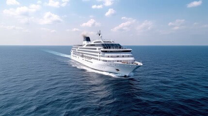 Luxury Cruise Ship Ocean Voyage, Pristine White Hull, High-Definition Aerial Shot, Slight Wake, Forward Motion, Open Ocean, Calm Blue Waters, Travel Advertising