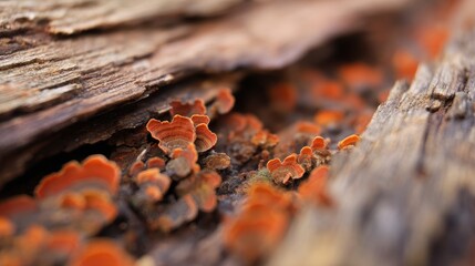 Close-up of vibrant orange mushrooms growing on decaying wood in a forest setting