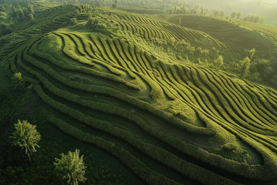 Misty Sunrise Over Curved Paths in Lush Tea Plantations on Green Hills