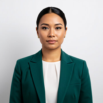Professional headshot of asian woman in green blazer for corporate website and business profile picture on transparent background