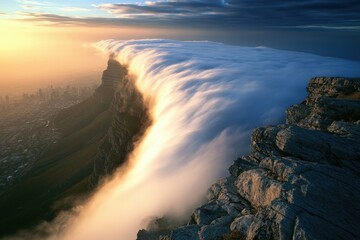 Fototapeta premium Aerial view of Table Mountain with cloud cover above Cape Town skyline, South Africa 