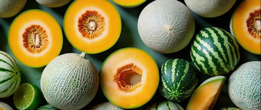 A visually captivating arrangement of assorted melons and citrus fruits presents a vibrant display of colors and textures, perfect for promoting healthy eating and summer recipes.
