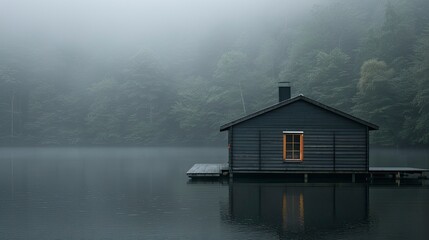 Fototapeta premium Misty lake cabin