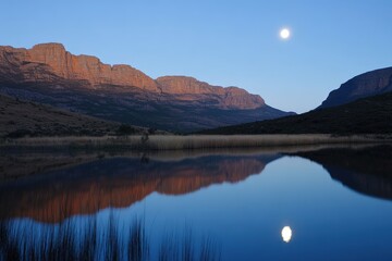 Fototapeta premium Moonlit Lake Reflection Near Mountains Under Clear Night Sky