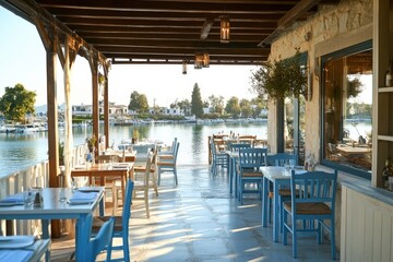 Fototapeta premium Traditional Greek Taverna with Blue Tables by the Waterfront in Sunlight