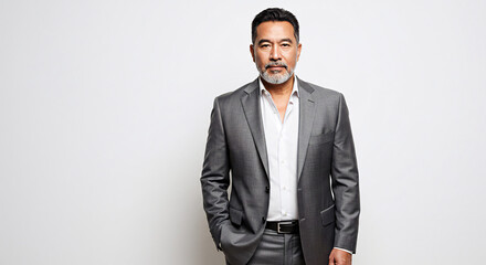 Fototapeta premium Portrait of a mature businessman in a gray suit looking confident and professional on a white background on transparent background