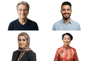 Diverse Group Portrait: Four Individuals Representing Different Ages, Genders, Ethnicities, and Cultures Against a transparent background
