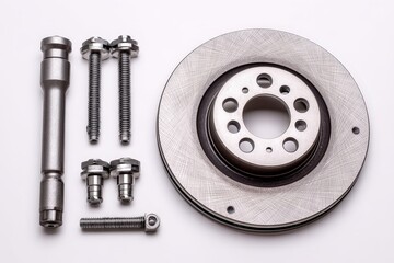 Socket Wrench with Caliper Bolts and Brake Disc on White Background