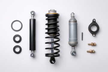 Car Shock Absorber, Coil Spring, Bushing, and Bolts Arranged on White Background