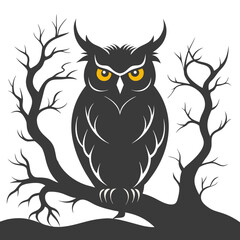 Mysterious Black Owl Silhouette on Spooky Bare Branch Against White Background
