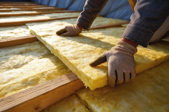 Worker Installing Yellow Fiberglass Insulation Panels Between Rafters in Attic
