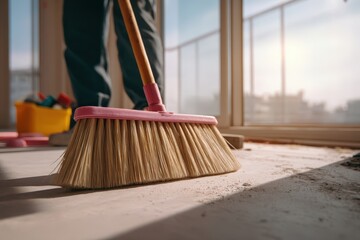 Construction Worker Sweeping Clean Floor in Sunlit Newly Finished Room