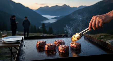 Outdoor grilling adventure: cooking steak on a flat top grill with scenic mountain views for a perfect meal