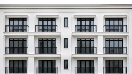 Fototapeta premium Modern apartment building exterior facade with balconies and symmetrical window design