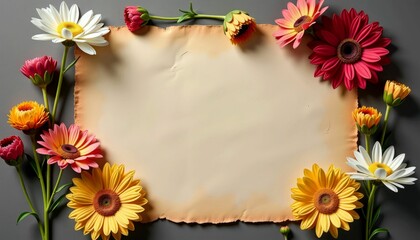 Fototapeta premium Floral Frame with Colorful Daisies and Gerberas on Black Background