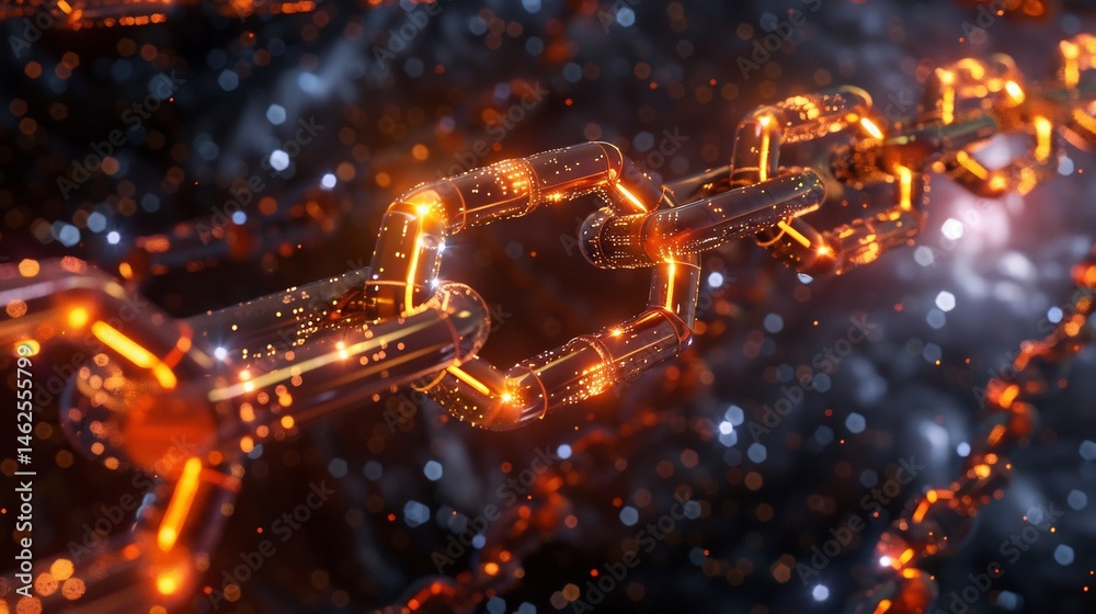 Poster interconnected digital chain showcasing blockchain technology and data security