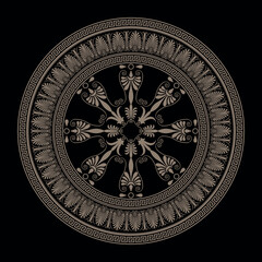 Vector gold Round pattern plate with Greek seamless meander of Ancient Greece, Roman Empire. Greek fret, key. Circle, Arabesque, Byzantine pattern. For laser cutting, ceramic, textile, embroidery